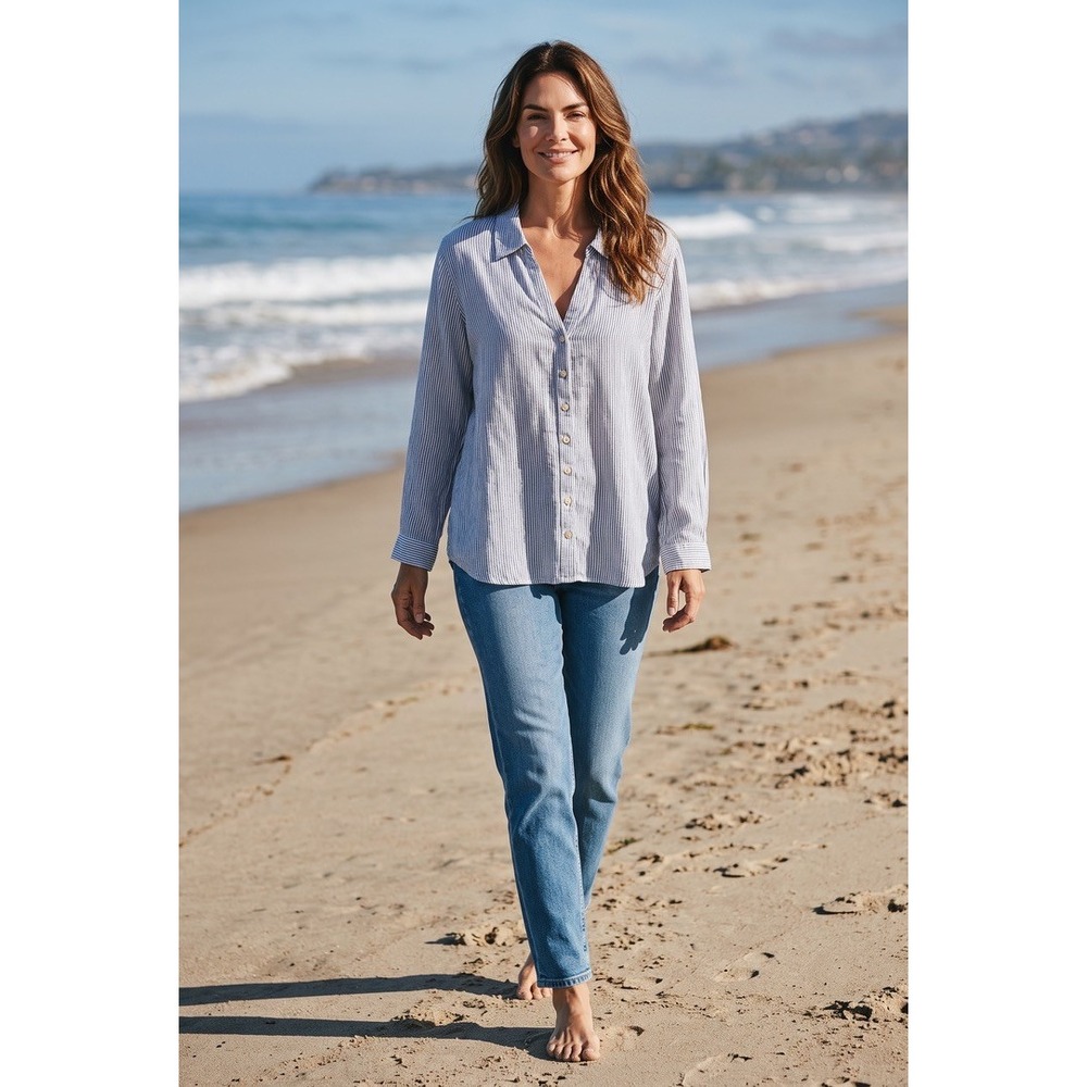 Sigrid Olsen Womens 3X Blue Striped 100% Linen Button Down Shirt Long Sleeve